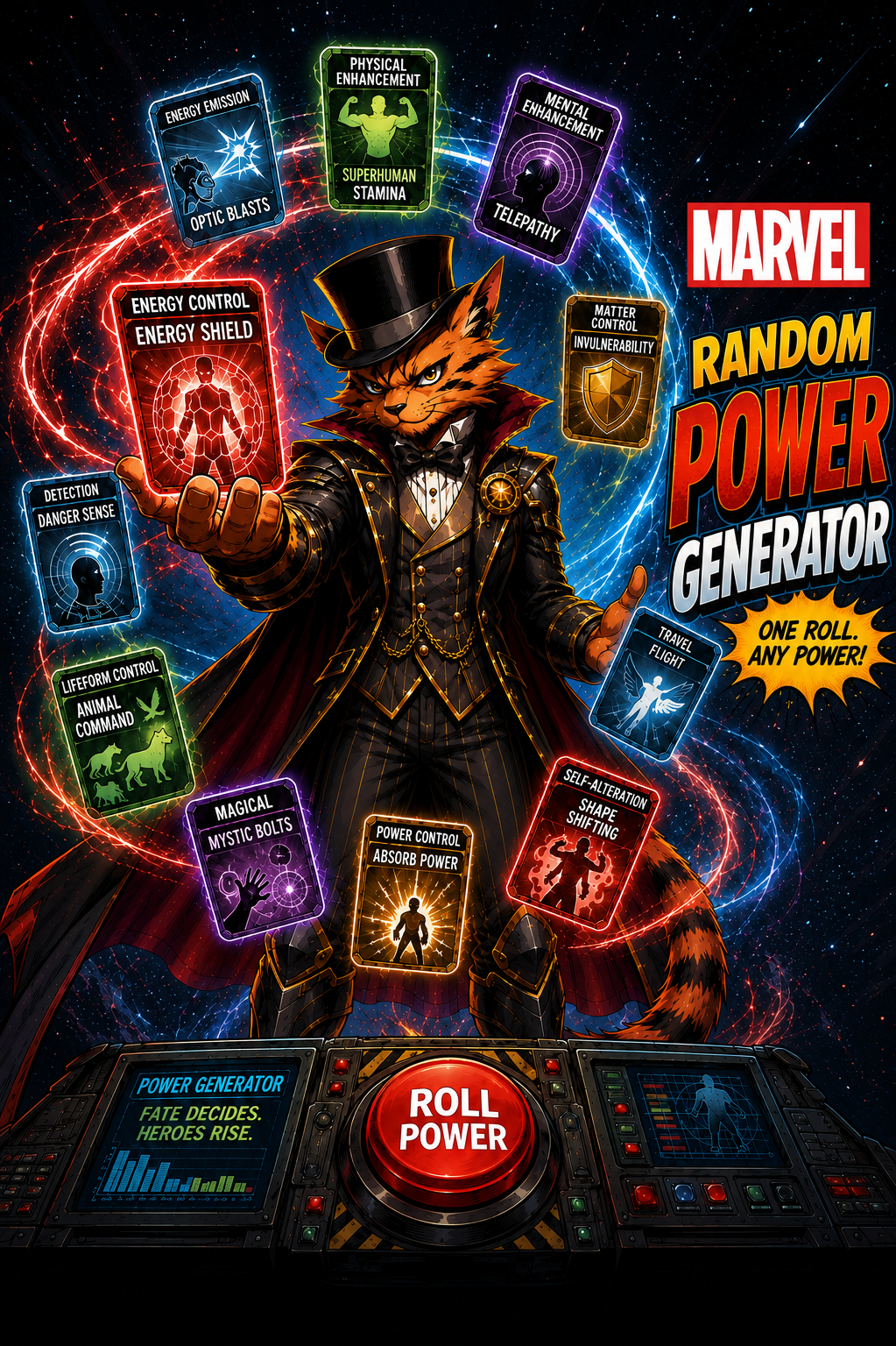 Tippy standing at a Marvel random power generator surrounded by glowing power cards.