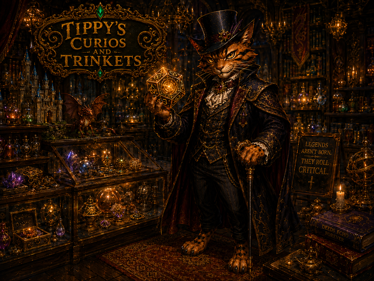 Tippy presenting a collection of magical curiosities