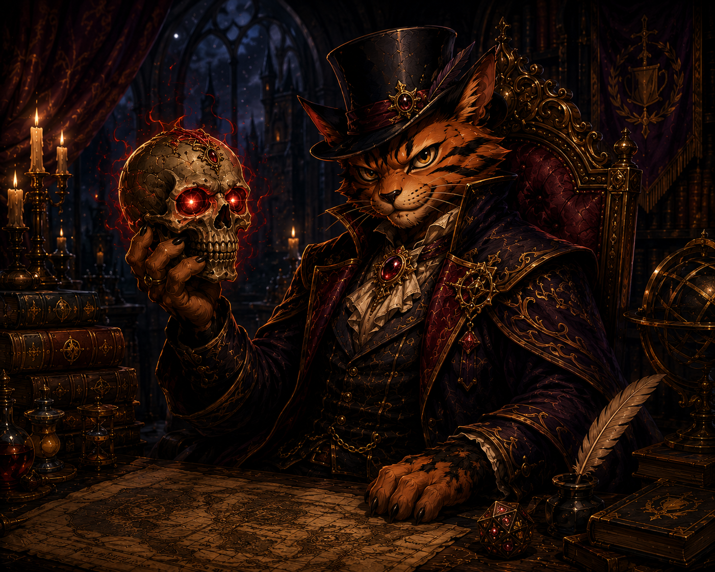 Tippy seated in his magical study holding a glowing skull