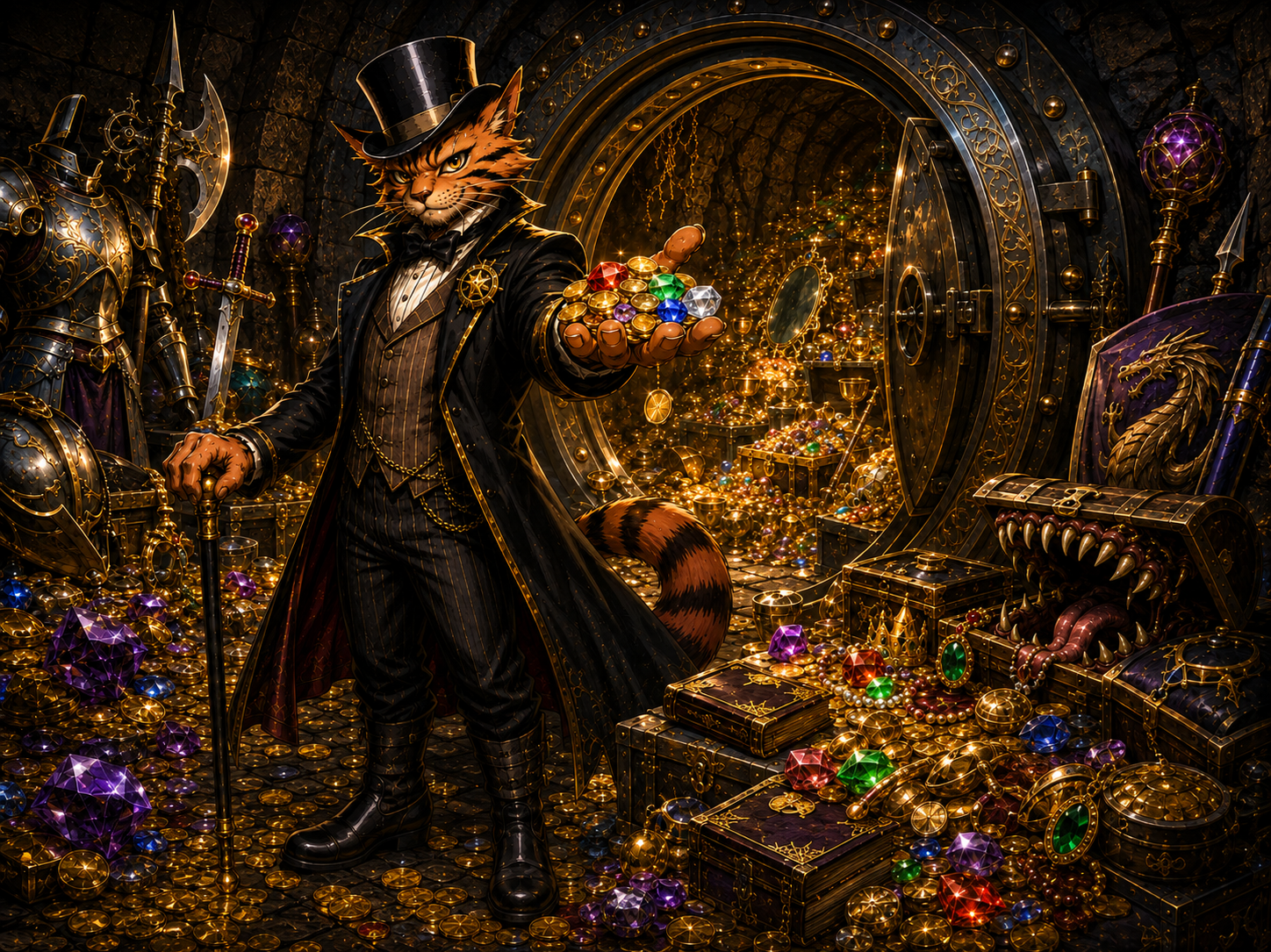 Tippy presenting coins, gemstones, art objects, and magical treasure